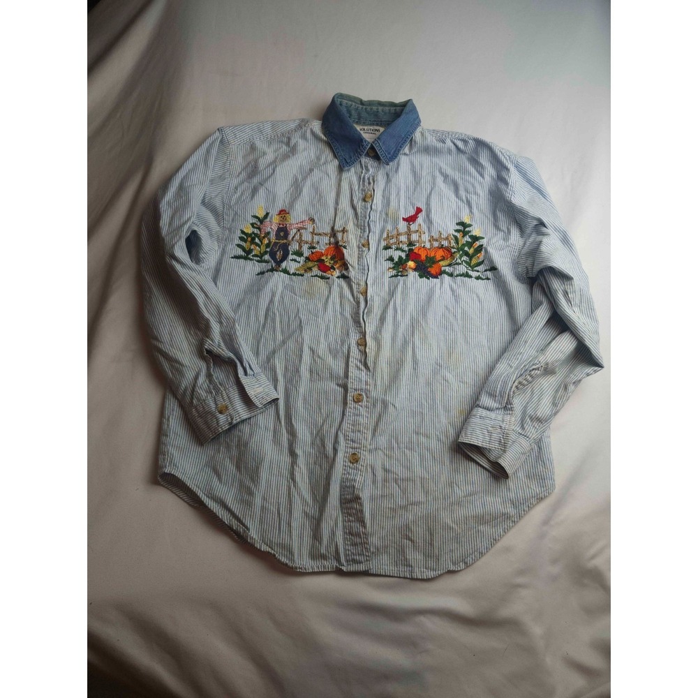 Solutions Original Shirt Women Medium Blue White Stripe Fall Scarecrow Button Up